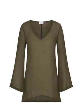 Anemos Bell Sleeve Tunic Dress in Woven Bamboo Cotton Gauze Cypress Olive